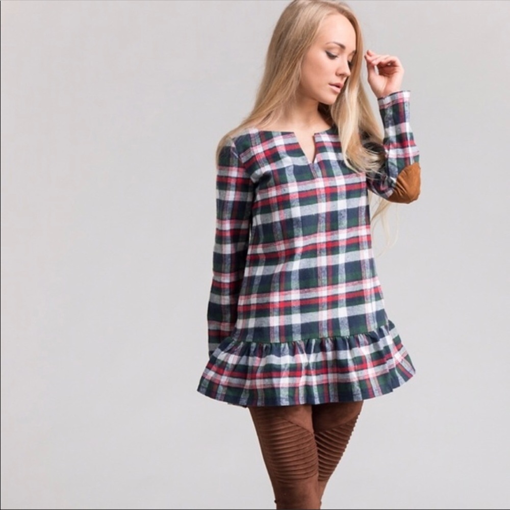 PLAID LONG SLEEVE TUNIC WITH BROWN SUEDE PATCH